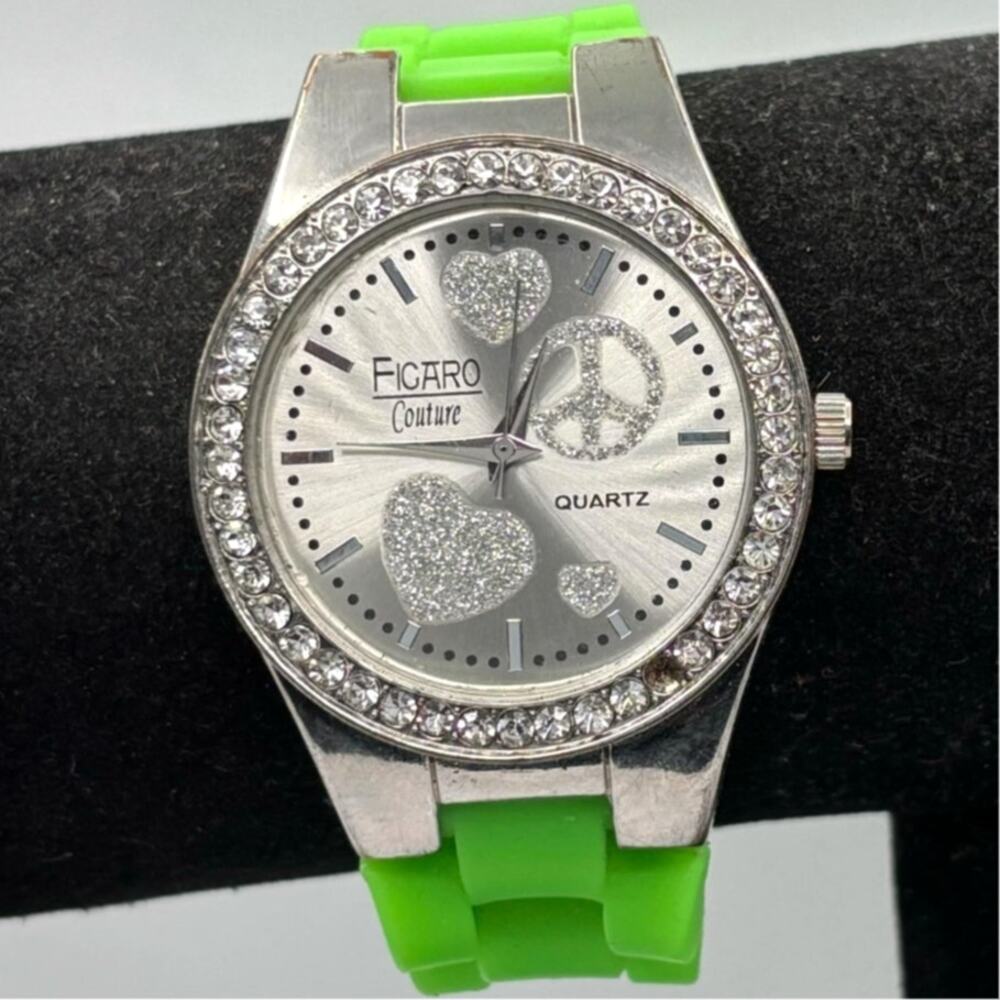 Silver & Green Figaro Heart Watch